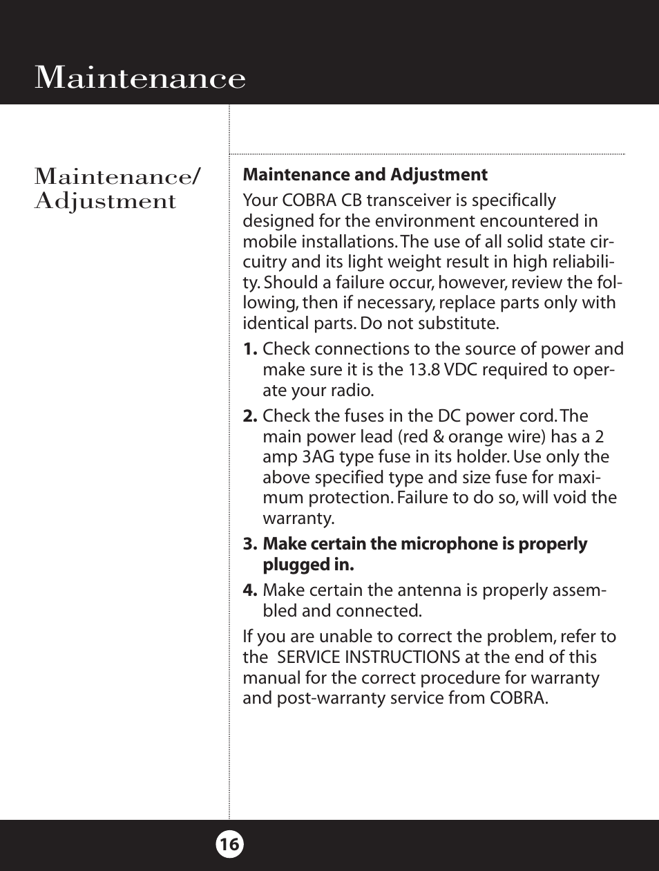 Maintenance, Maintenance/ adjustment | Cobra Electronics 18 WXST II User Manual | Page 16 / 29