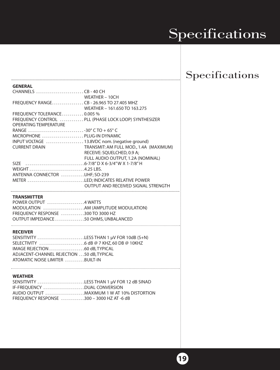 Specifications | Cobra Electronics 18 WXST II User Manual | Page 19 / 29