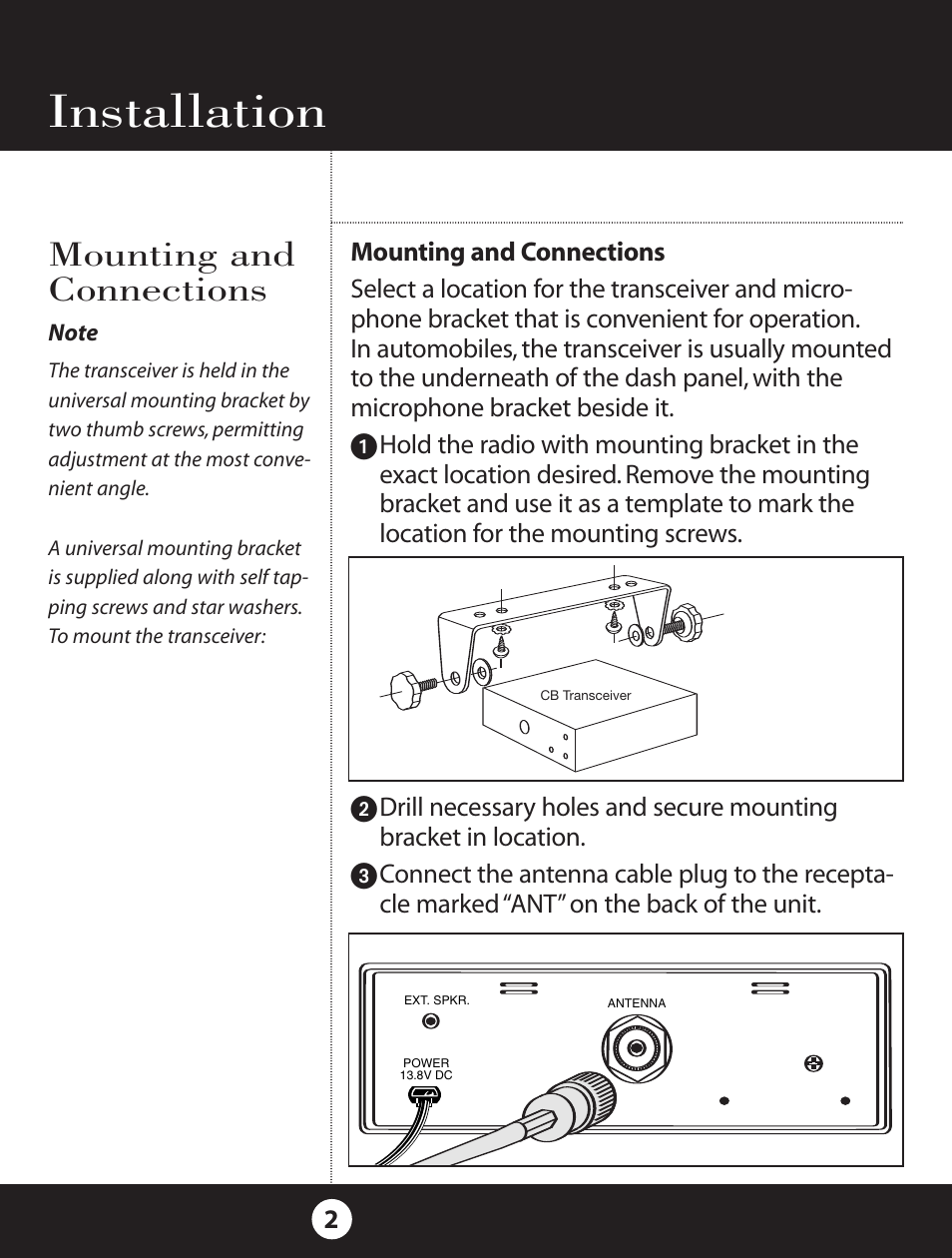 Operation installation, Mounting and connections | Cobra Electronics 18 WXST II User Manual | Page 2 / 29