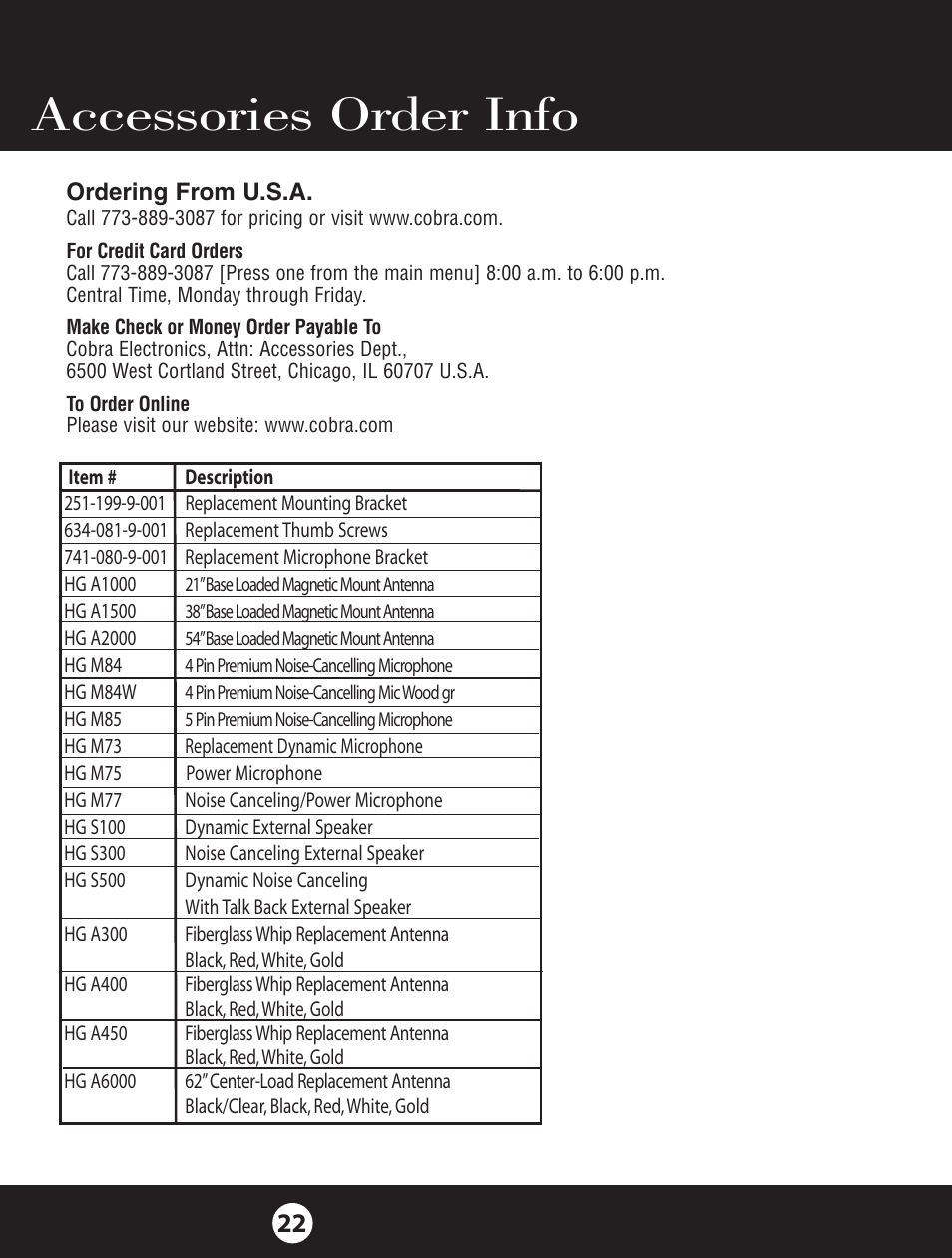 Accessories order info | Cobra Electronics 18 WXST II User Manual | Page 22 / 29