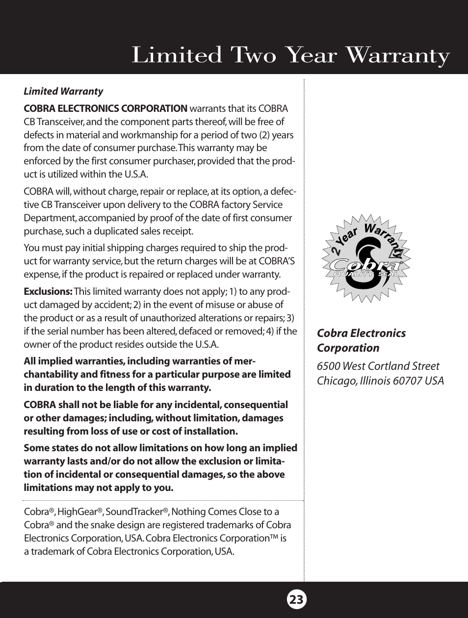 Limited two year warranty | Cobra Electronics 18 WXST II User Manual | Page 23 / 29