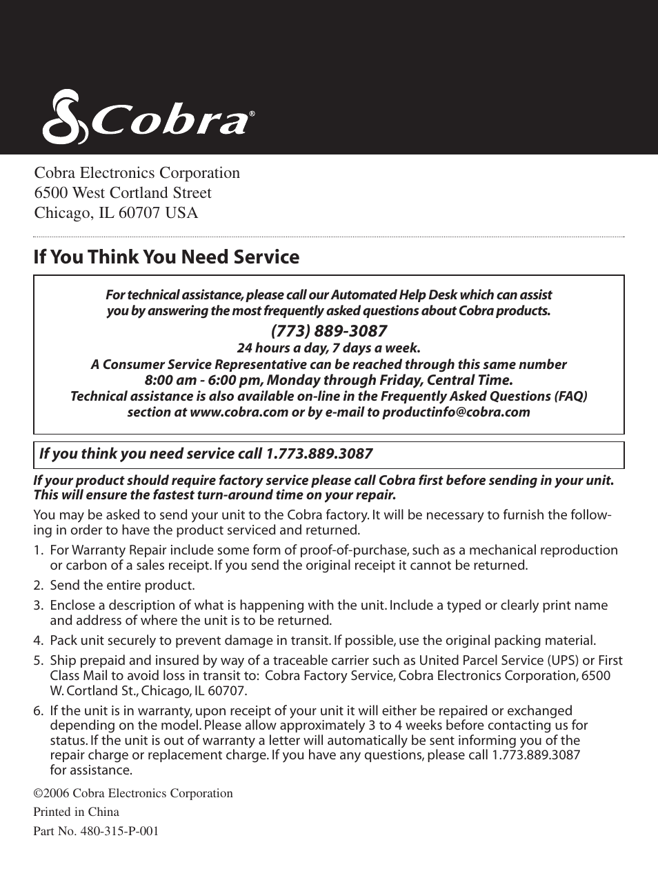 If you think you need service | Cobra Electronics 18 WXST II User Manual | Page 25 / 29