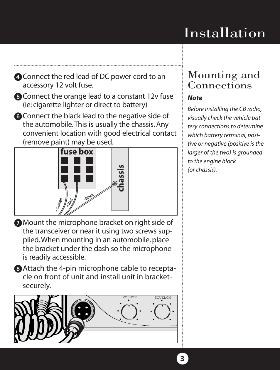 Operation installation, Mounting and connections | Cobra Electronics 18 WXST II User Manual | Page 3 / 29