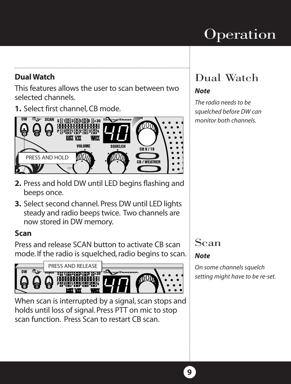 Operation, Dual watch, Scan | Cobra Electronics 18 WXST II User Manual | Page 9 / 29