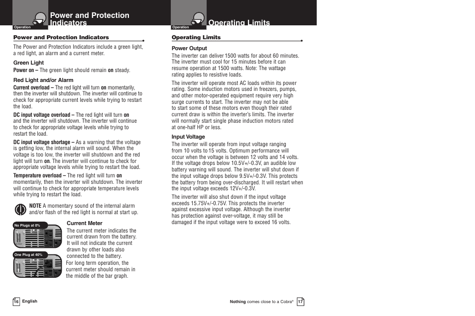 Power and protection indicators, Operating limits | Cobra Electronics CPI 1550 User Manual | Page 11 / 14
