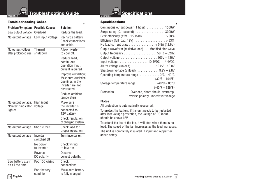 Troubleshooting guide, Specifications | Cobra Electronics CPI 1550 User Manual | Page 12 / 14