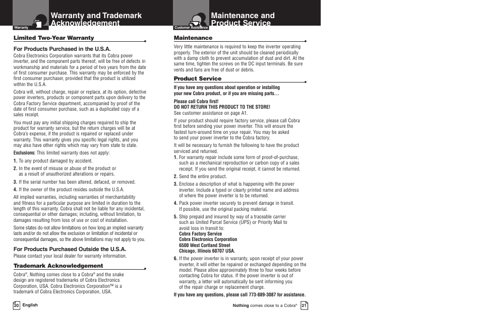 Maintenance and product service, Warranty and trademark acknowledgement | Cobra Electronics CPI 1550 User Manual | Page 13 / 14