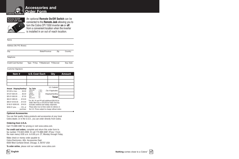 Accessories and order form | Cobra Electronics CPI 1550 User Manual | Page 14 / 14