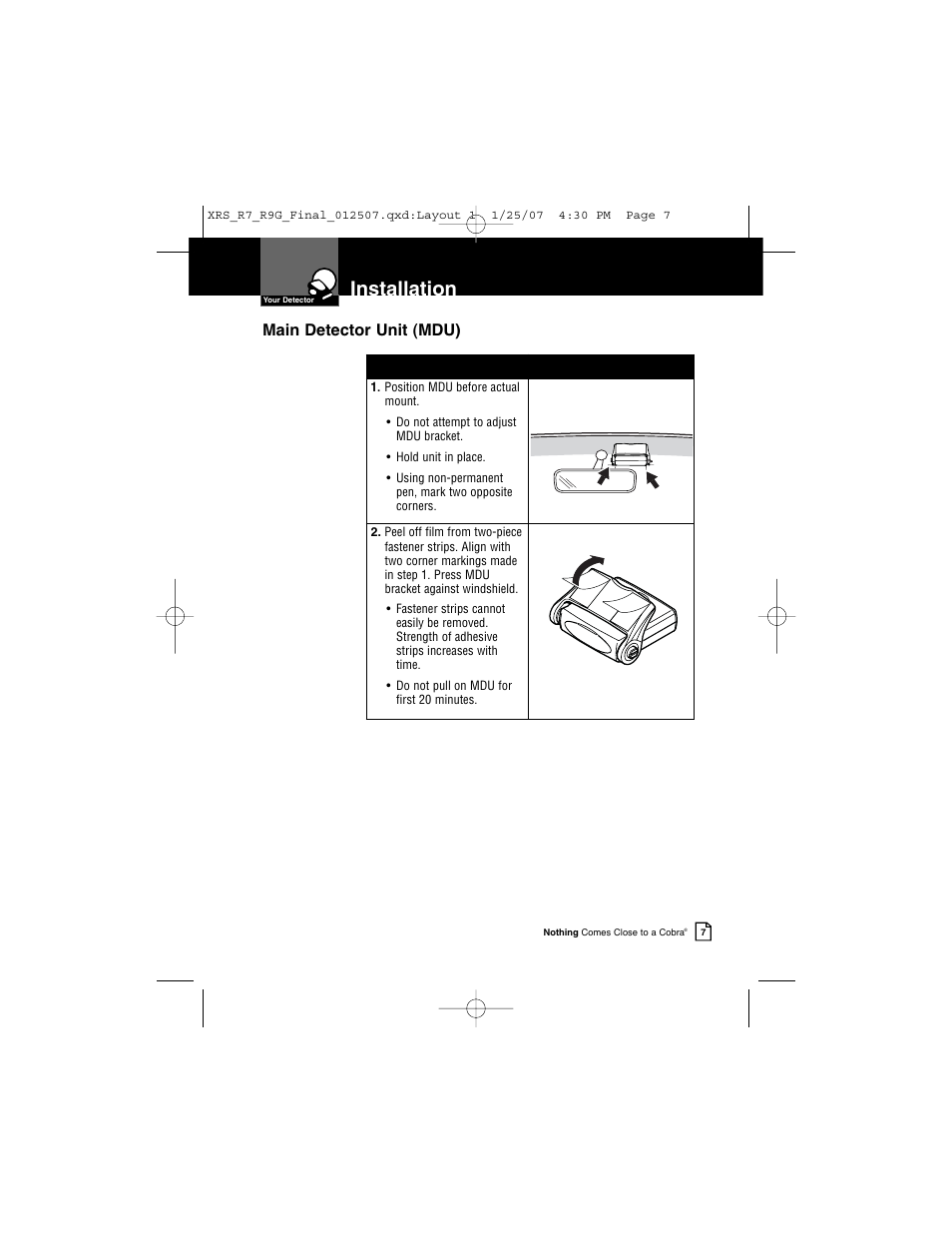 Installation, Main detector unit (mdu) | Cobra Electronics XRS R9G User Manual | Page 11 / 49