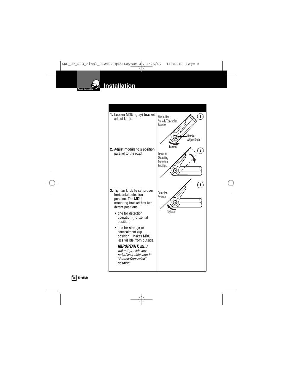 Installation | Cobra Electronics XRS R9G User Manual | Page 12 / 49