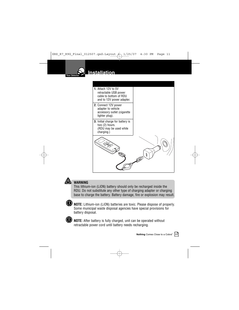 Installation | Cobra Electronics XRS R9G User Manual | Page 15 / 49