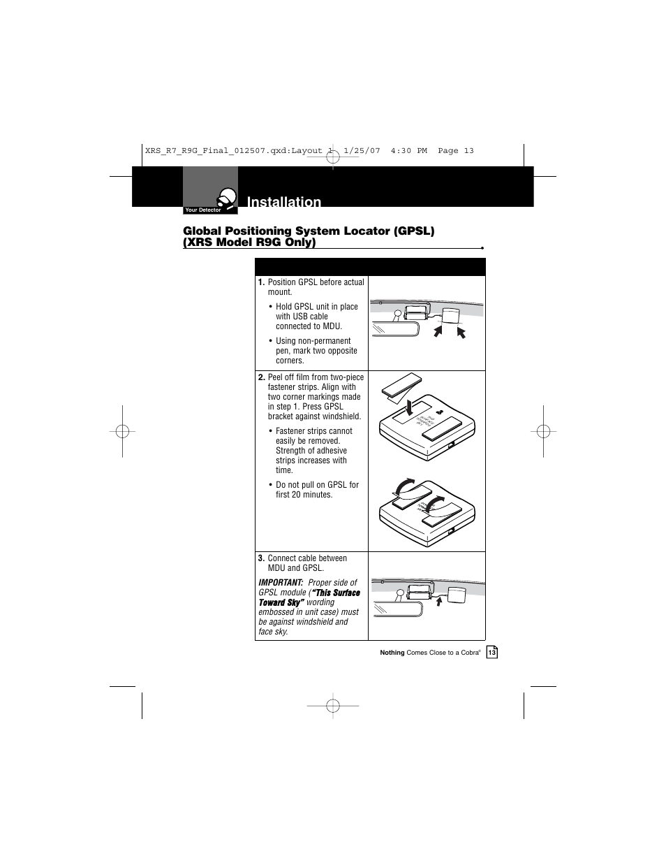 Installation | Cobra Electronics XRS R9G User Manual | Page 17 / 49