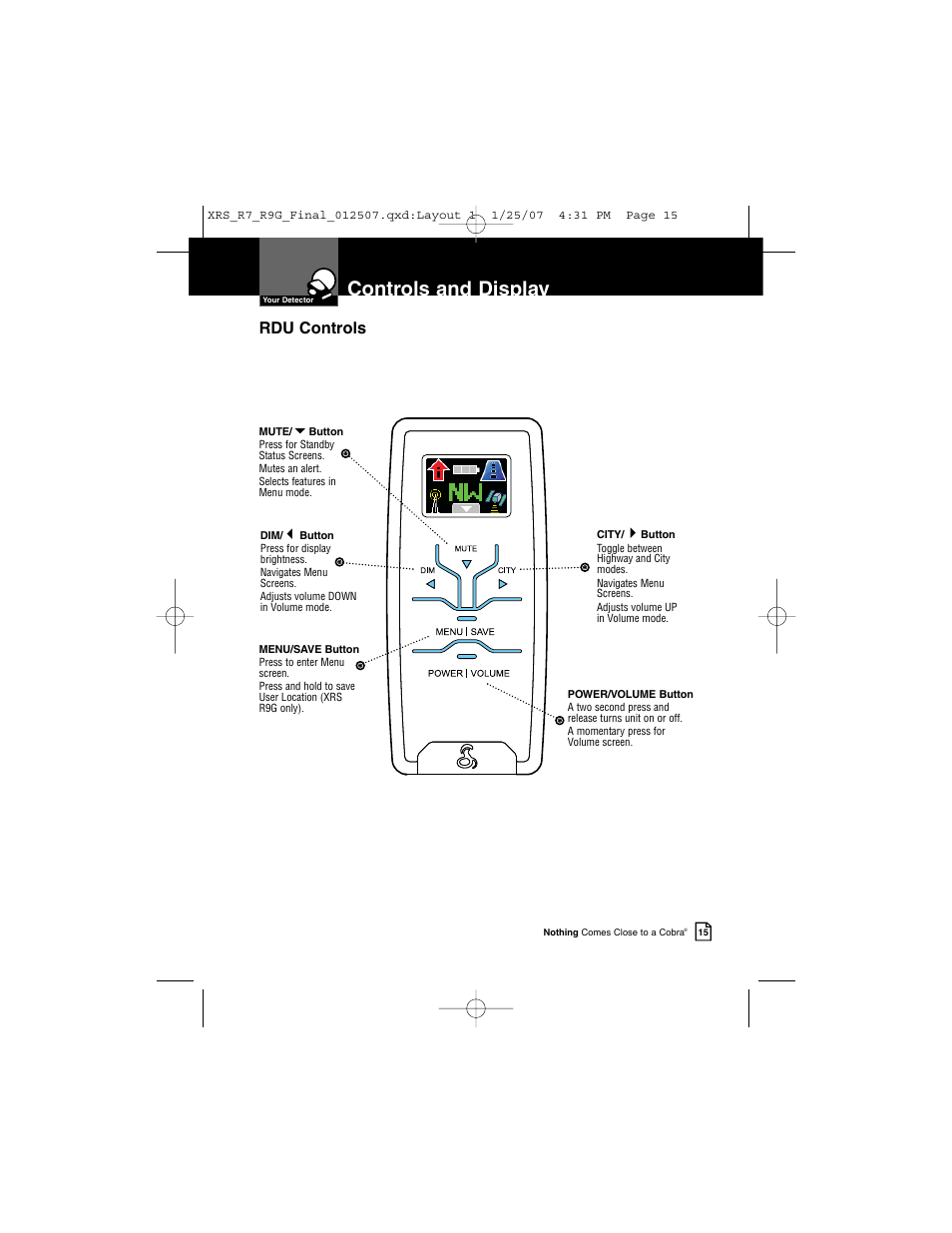 Controls and display, Rdu controls | Cobra Electronics XRS R9G User Manual | Page 19 / 49