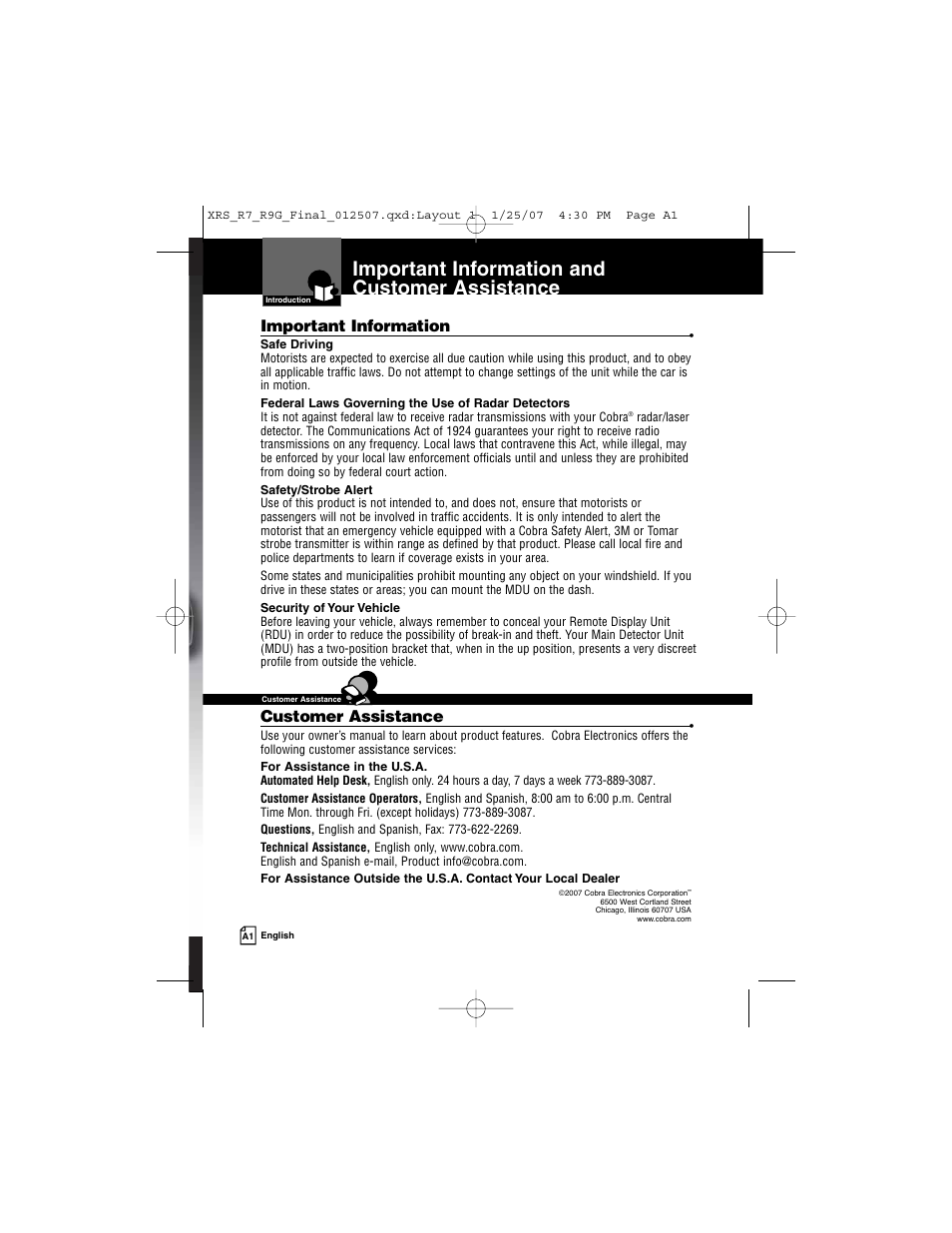 Important information and customer assistance, Important information, Customer assistance | Cobra Electronics XRS R9G User Manual | Page 2 / 49