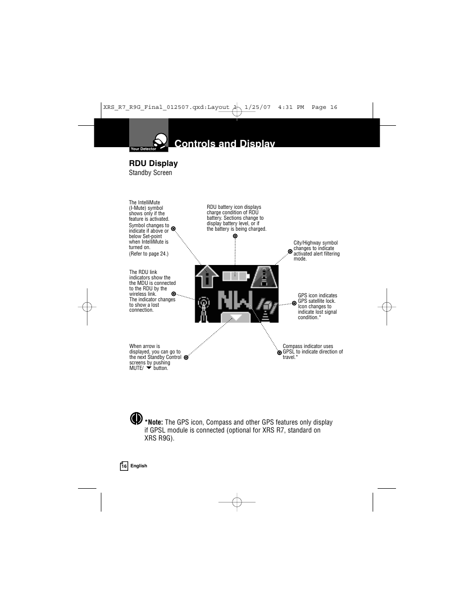 Controls and display, Rdu display | Cobra Electronics XRS R9G User Manual | Page 20 / 49