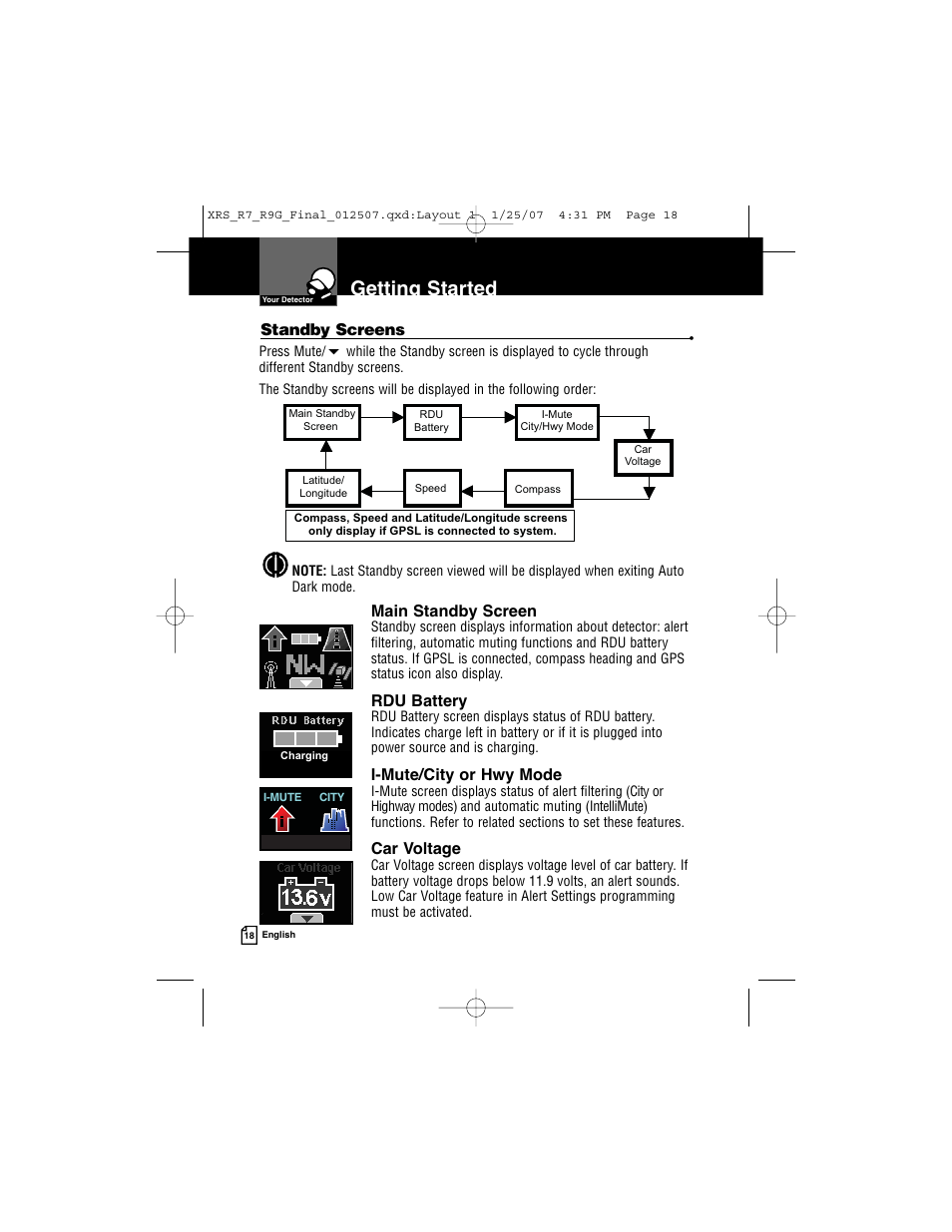 Getting started, Main standby screen, Rdu battery | I-mute/city or hwy mode, Car voltage, Standby screens | Cobra Electronics XRS R9G User Manual | Page 22 / 49