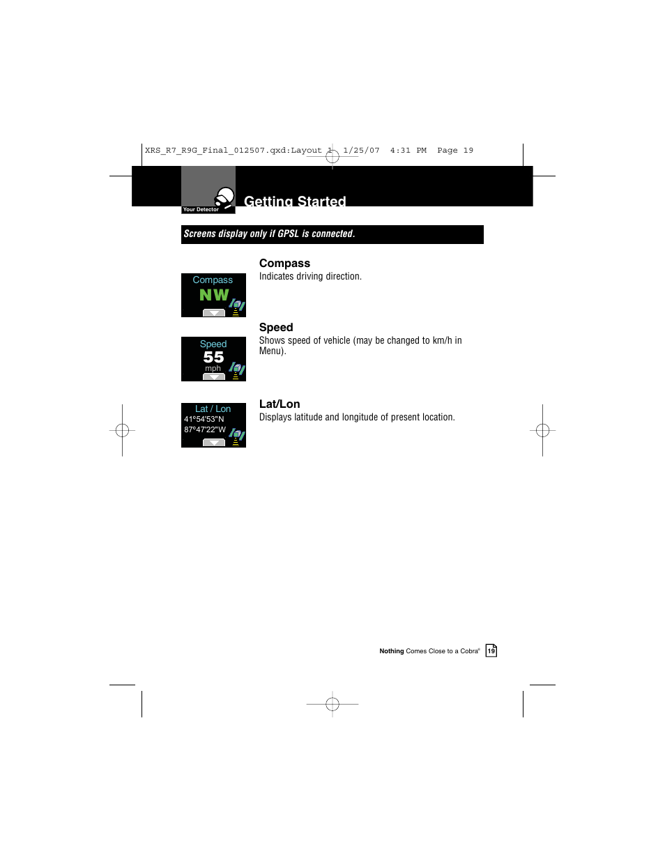 Getting started | Cobra Electronics XRS R9G User Manual | Page 23 / 49