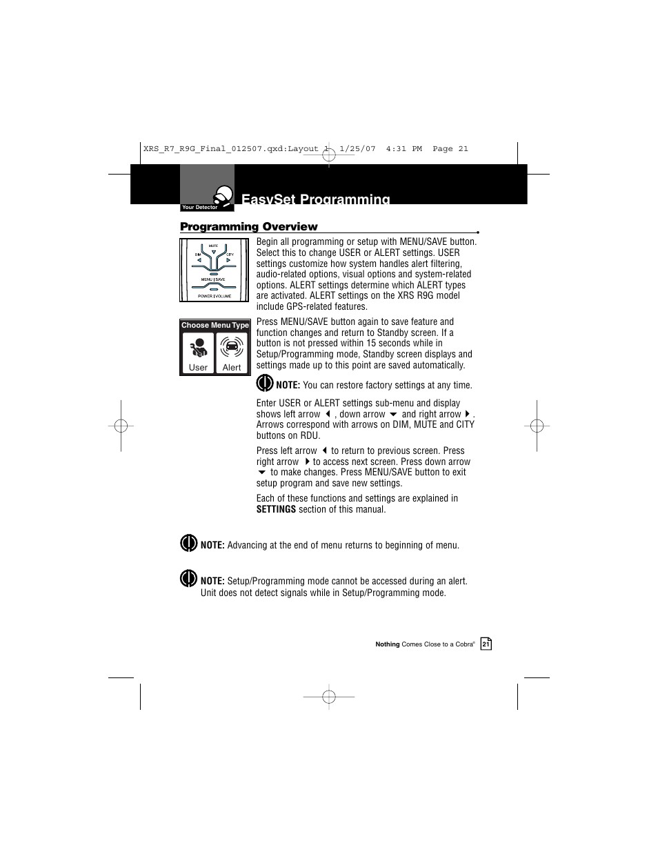 Easyset programming | Cobra Electronics XRS R9G User Manual | Page 25 / 49