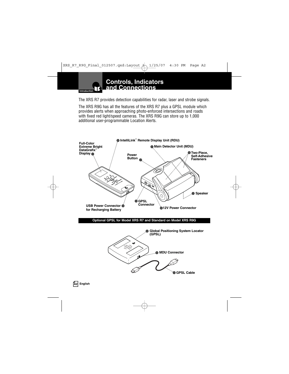 Controls, indicators and connections | Cobra Electronics XRS R9G User Manual | Page 3 / 49