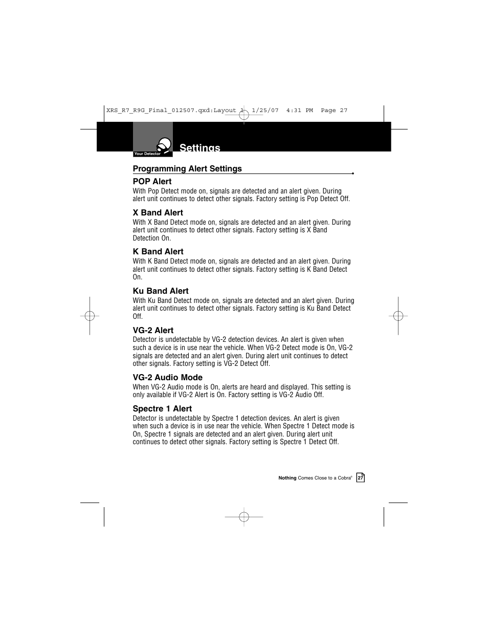 Settings | Cobra Electronics XRS R9G User Manual | Page 31 / 49