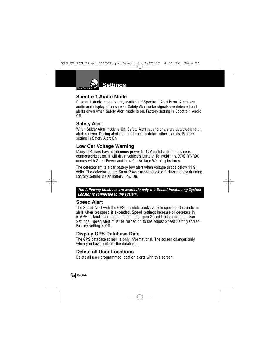 Settings | Cobra Electronics XRS R9G User Manual | Page 32 / 49