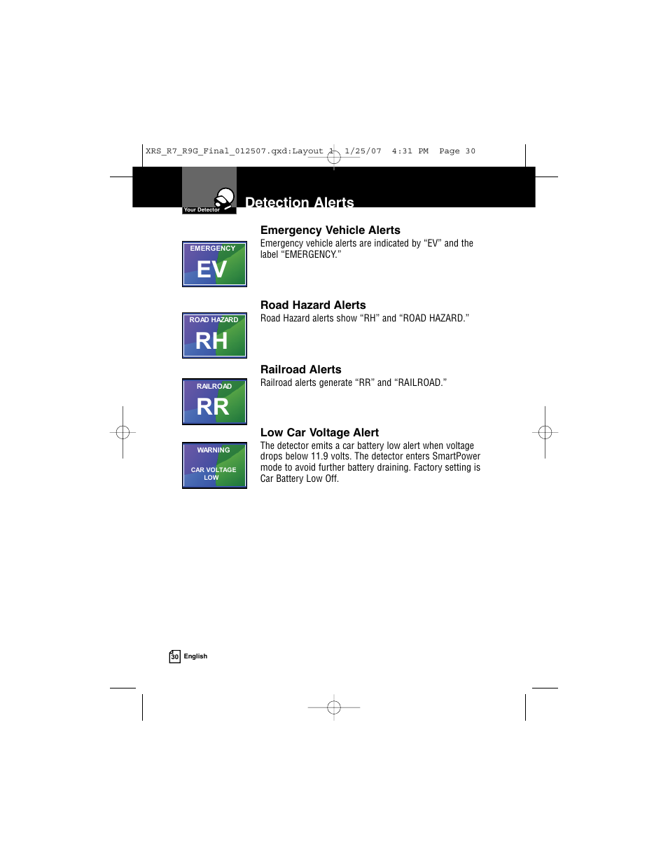 Detection alerts | Cobra Electronics XRS R9G User Manual | Page 34 / 49