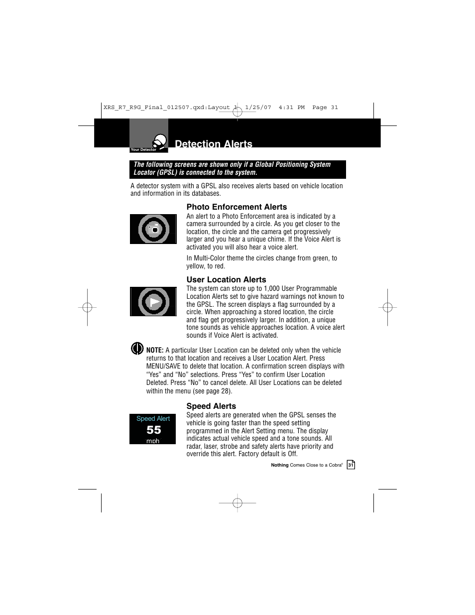 Detection alerts | Cobra Electronics XRS R9G User Manual | Page 35 / 49