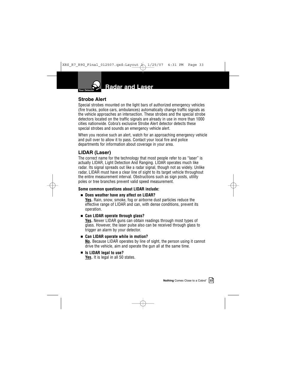 Radar and laser, Strobe alert, Lidar (laser) | Cobra Electronics XRS R9G User Manual | Page 37 / 49