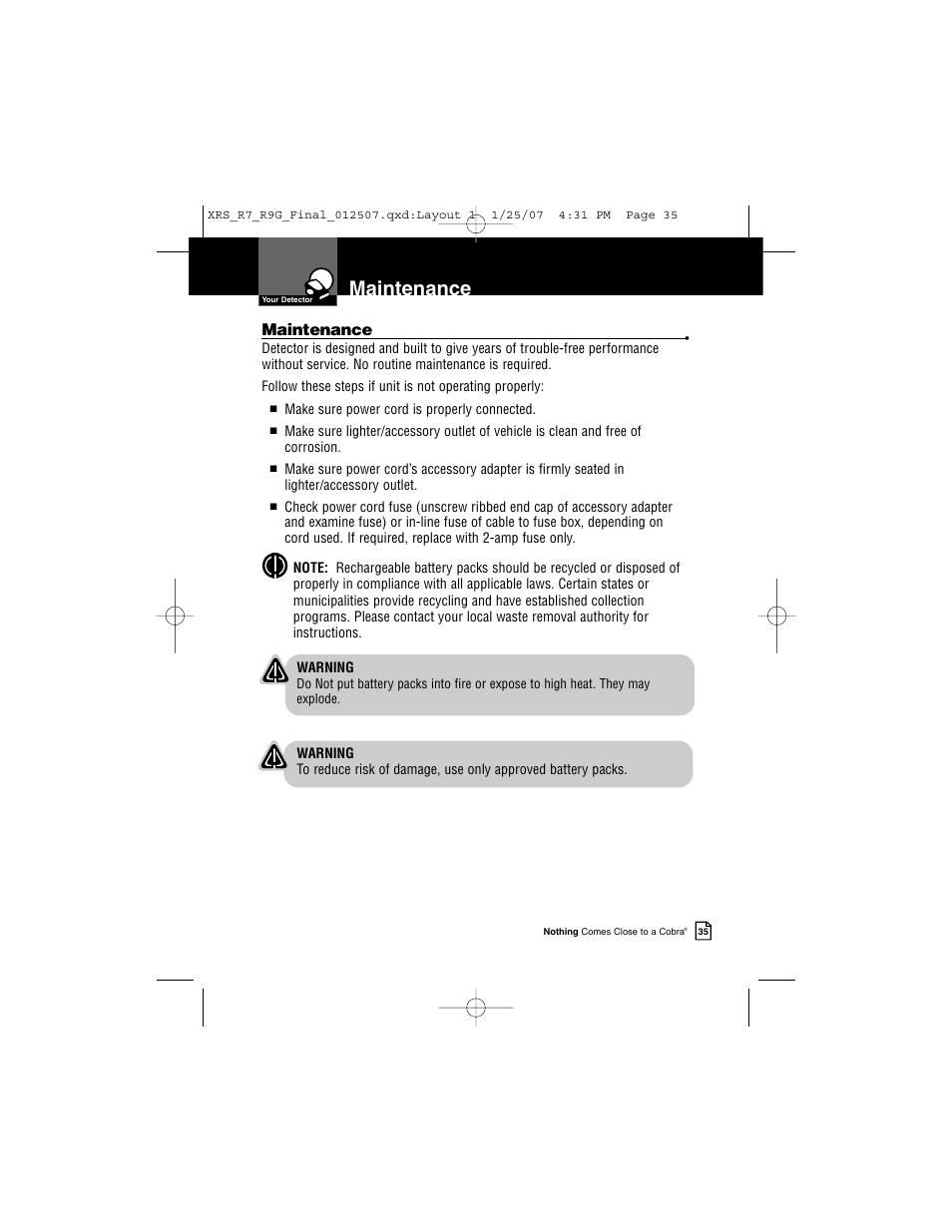 Maintenance | Cobra Electronics XRS R9G User Manual | Page 39 / 49