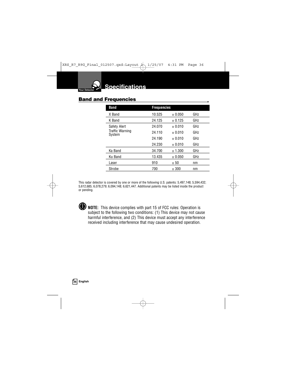 Specifications, Band and frequencies | Cobra Electronics XRS R9G User Manual | Page 40 / 49