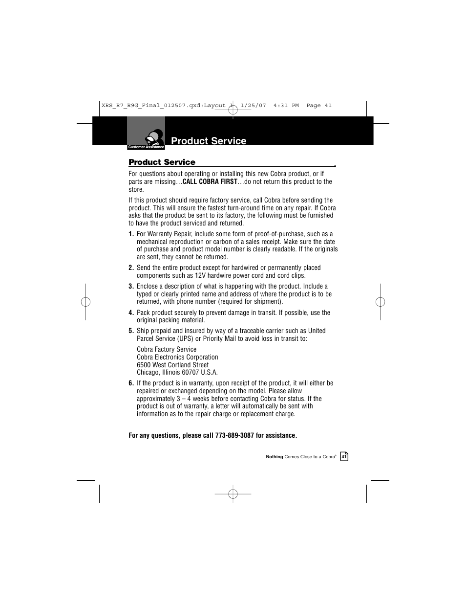 Product service | Cobra Electronics XRS R9G User Manual | Page 45 / 49