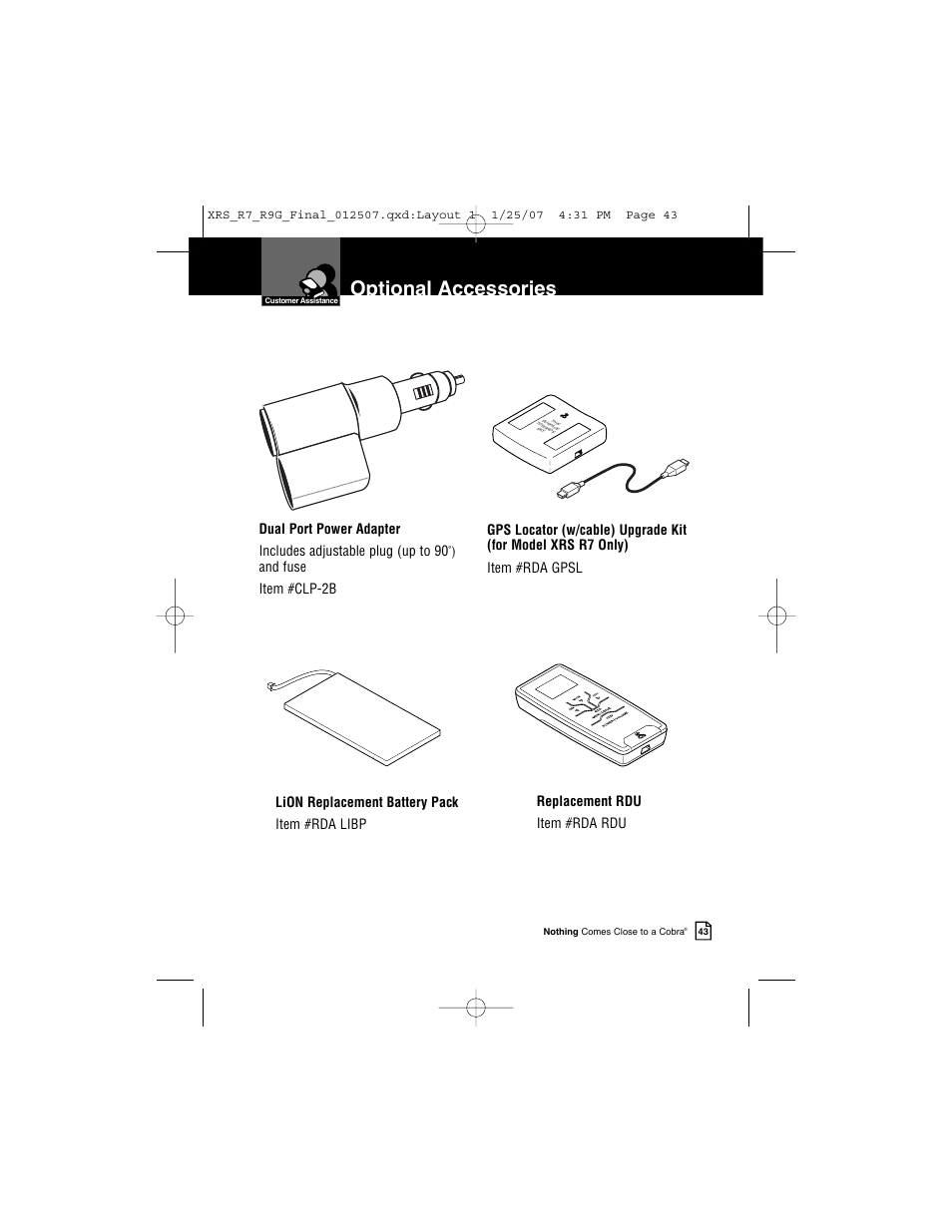 Optional accessories, And fuse item #clp-2b | Cobra Electronics XRS R9G User Manual | Page 47 / 49