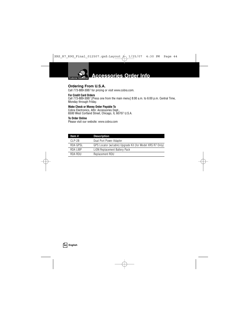 Accessories order info | Cobra Electronics XRS R9G User Manual | Page 48 / 49
