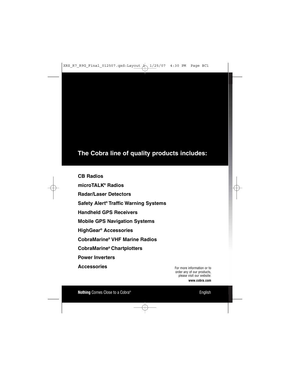 The cobra line of quality products includes | Cobra Electronics XRS R9G User Manual | Page 49 / 49