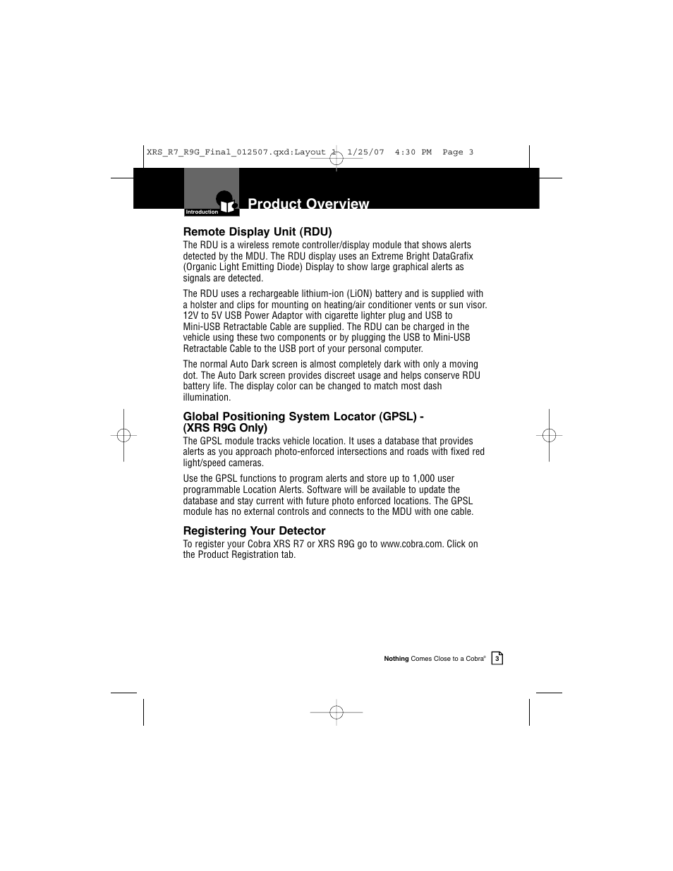 Product overview | Cobra Electronics XRS R9G User Manual | Page 7 / 49