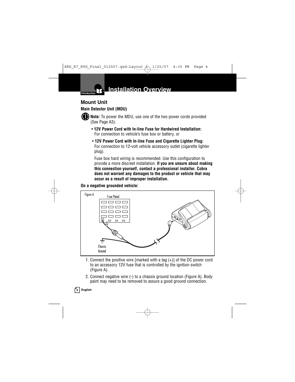 Installation overview | Cobra Electronics XRS R9G User Manual | Page 8 / 49