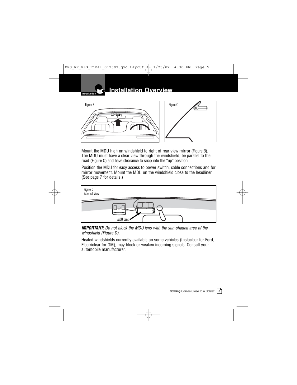 Installation overview | Cobra Electronics XRS R9G User Manual | Page 9 / 49