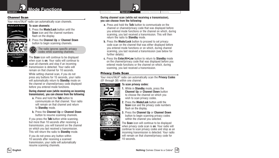 Mode functions | Cobra Electronics PR3800DX User Manual | Page 11 / 17