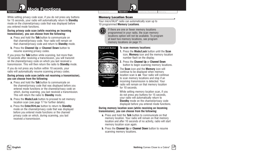 Mode functions | Cobra Electronics PR3800DX User Manual | Page 12 / 17