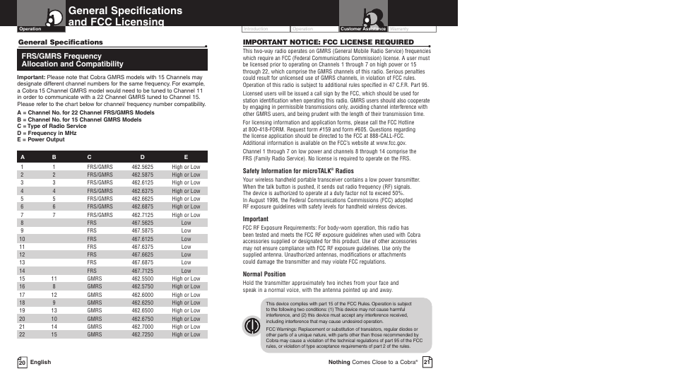 General specifications and fcc licensing | Cobra Electronics PR3800DX User Manual | Page 14 / 17