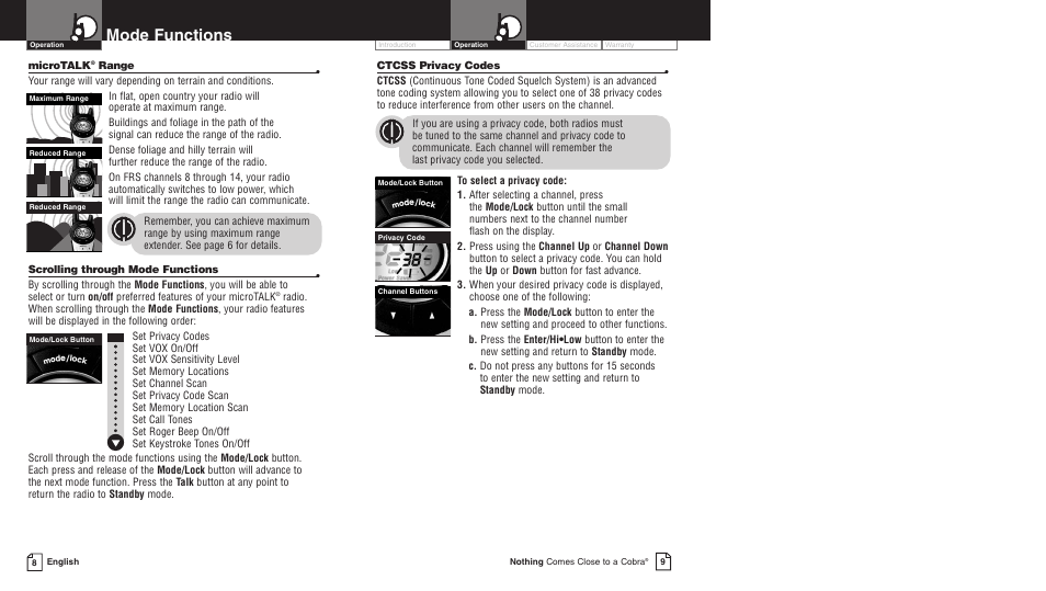 Mode functions | Cobra Electronics PR3800DX User Manual | Page 8 / 17
