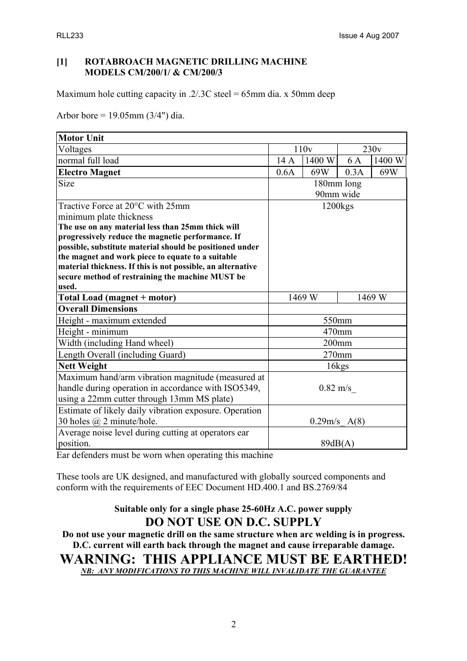 Warning: this appliance must be earthed, Do not use on d.c. supply | Cobra Electronics MAGNETIC CM/200/3 User Manual | Page 3 / 20