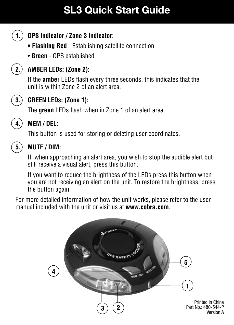 Cobra Electronics SL3 User Manual | 1 page