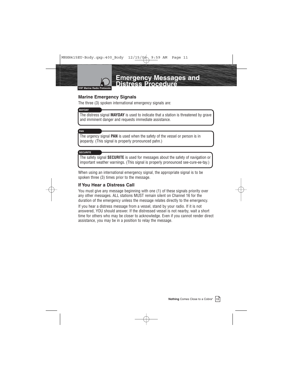 Emergency messages and distress procedure | Cobra Electronics MR HH415LI VP EU User Manual | Page 16 / 63