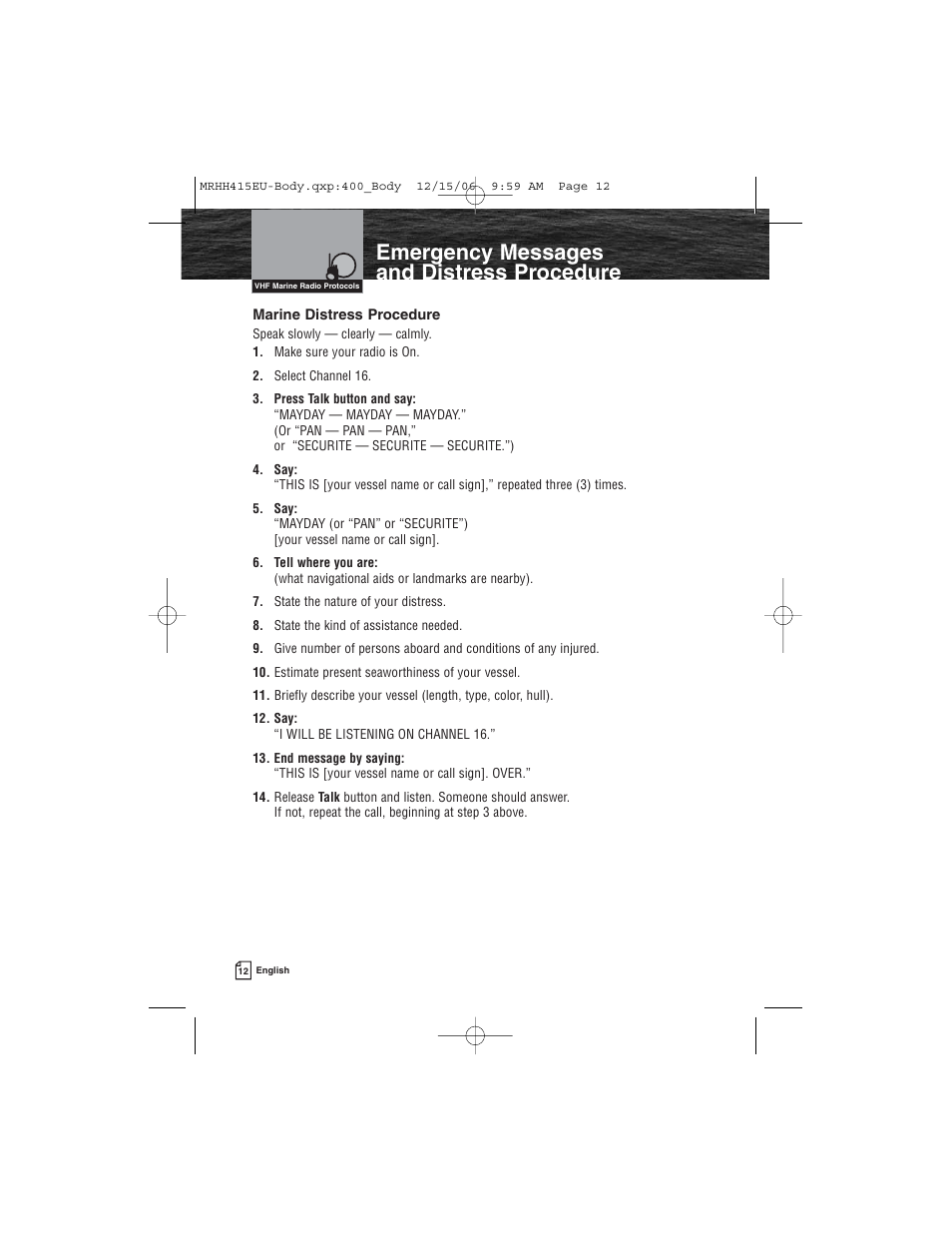 Emergency messages and distress procedure | Cobra Electronics MR HH415LI VP EU User Manual | Page 17 / 63