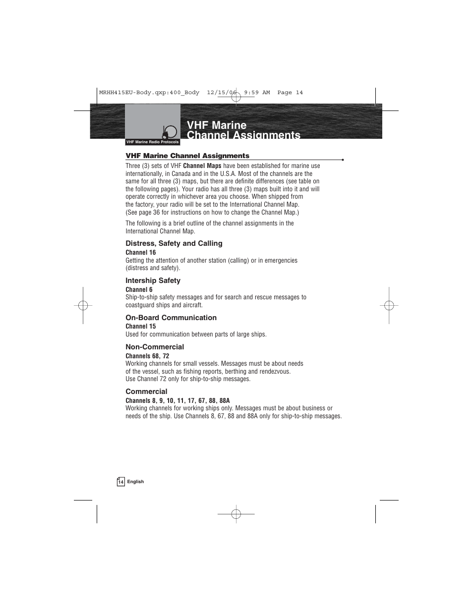Vhf marine channel assignments | Cobra Electronics MR HH415LI VP EU User Manual | Page 19 / 63