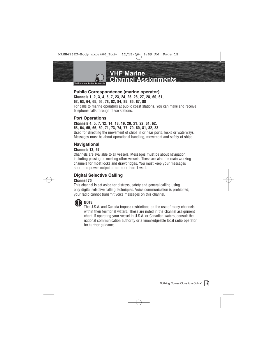 Vhf marine channel assignments | Cobra Electronics MR HH415LI VP EU User Manual | Page 20 / 63