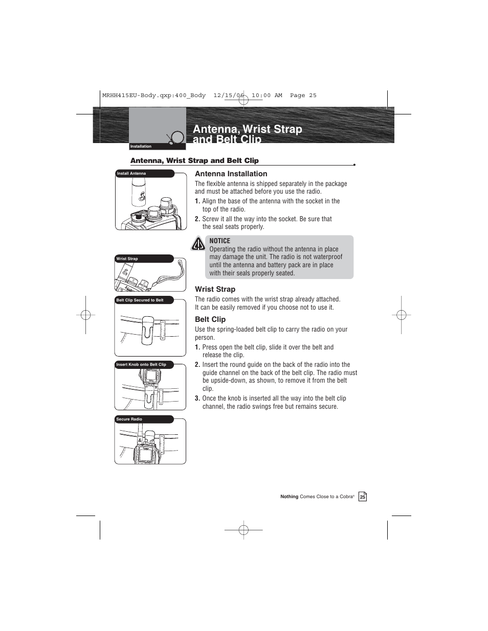 Antenna, wrist strap and belt clip | Cobra Electronics MR HH415LI VP EU User Manual | Page 30 / 63