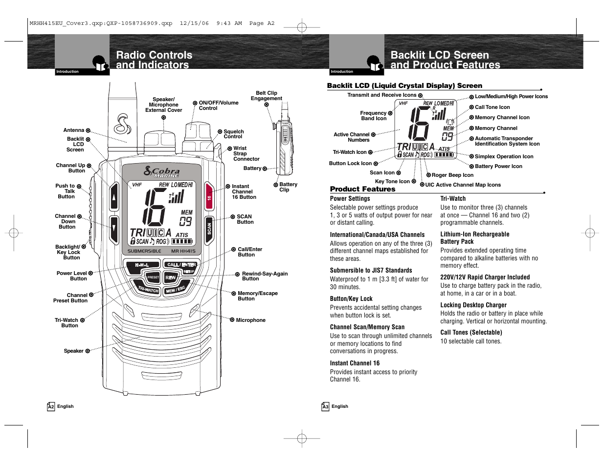 Backlit lcd screen and product features, Radio controls and indicators | Cobra Electronics MR HH415LI VP EU User Manual | Page 4 / 63