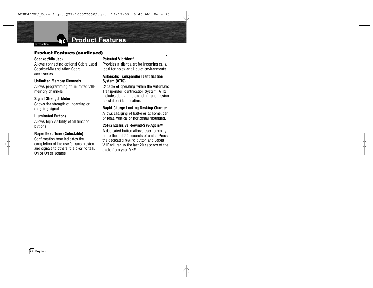 Product features | Cobra Electronics MR HH415LI VP EU User Manual | Page 5 / 63